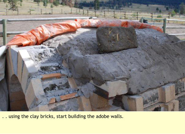. . using the clay bricks, start building the adobe walls.